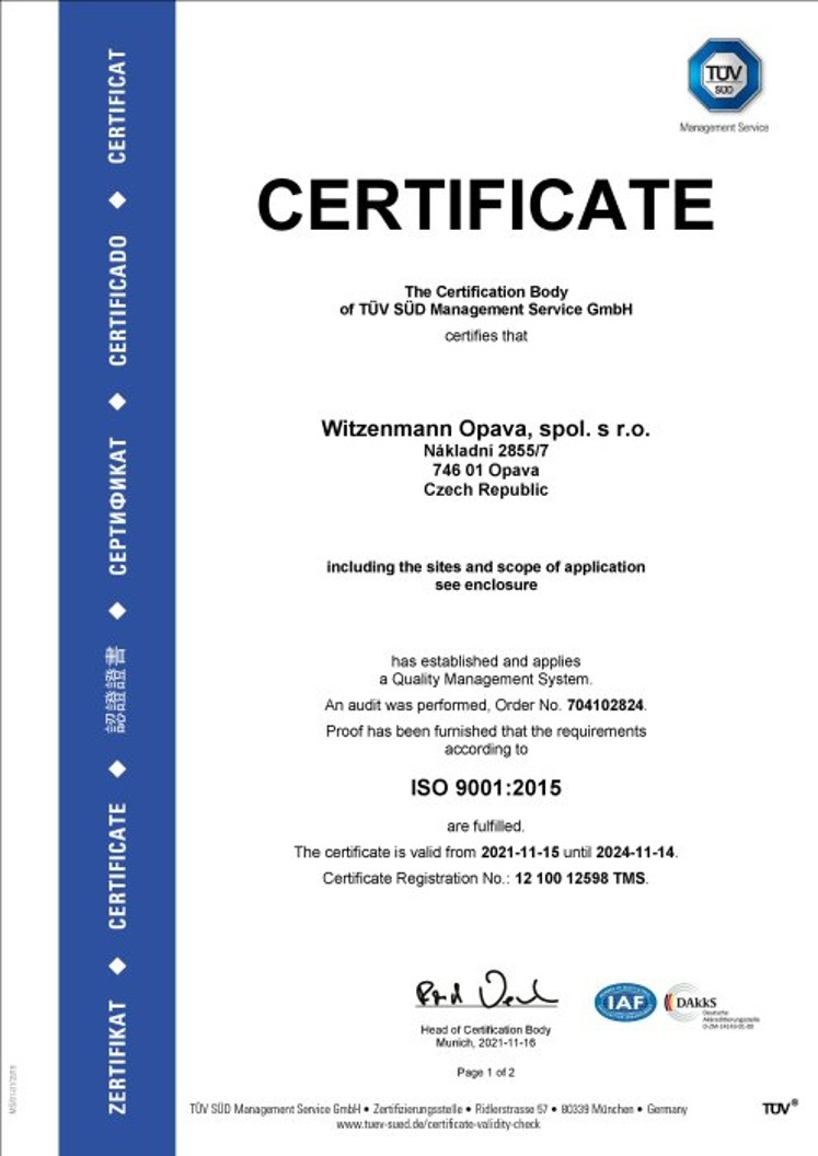 ISO 9001:2015 Certificate Witzenmann Opava